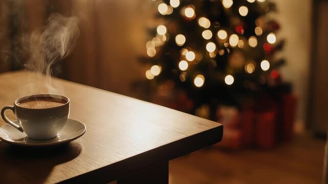 Hot chocolate on the wooden table Christmas celebration copy space