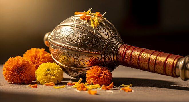 Sacred Hanuman Gada decorated with bright marigold flowers, symbolizing strength, devotion, and reverence during Hanuman Jayanti celebrations.