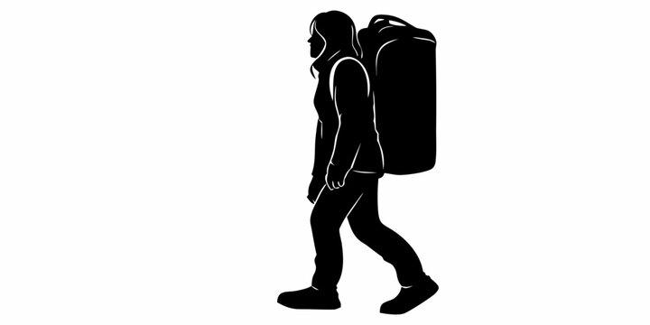 Female Hiker Silhouette: Woman With Backpack Walking Profile