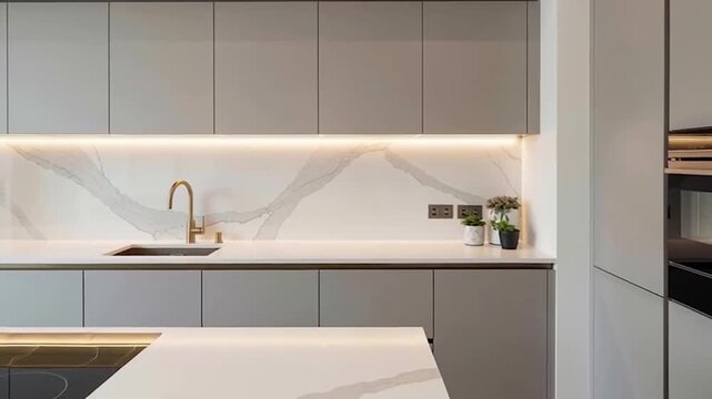 Modern luxury kitchen interior with sleek white marble countertop and gold fixtures minimalist design