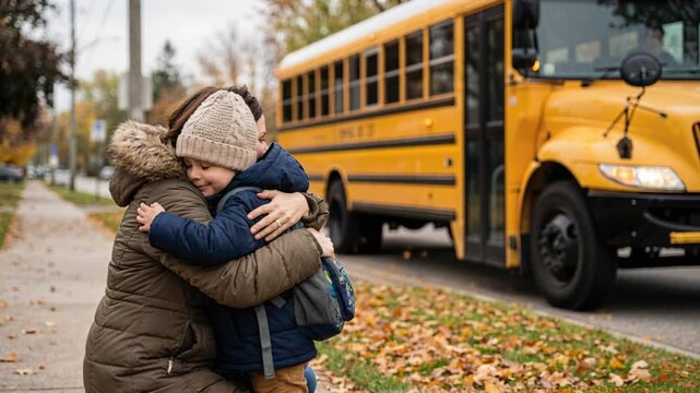 Woman hugging a boy goodbye before he boards a school bus, showing an emotional farewell moment for a child going to school.
