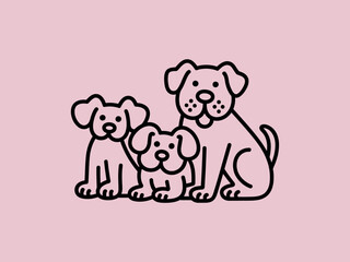 Fototapeta premium A simple black line drawing depicts three adorable dogs of varying sizes set against a pink background