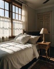Sunlit Bedroom with White Linens and Wooden Accents
