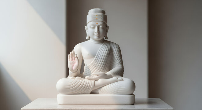 Serene White Marble Jain Idol of Lord Mahavir in Meditative Pose, Celebrating Mahavir Jayanti with a Clean, Pure Background