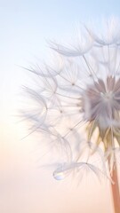 Fototapeta premium Macro photograph of a soft, ethereal dandelion seed head with a single dewdrop against a pale background.