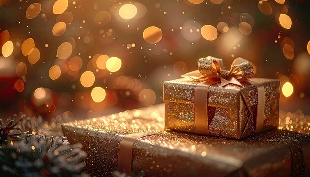 Sparkling golden gift boxes are set against a warm, bokeh background of festive lights.