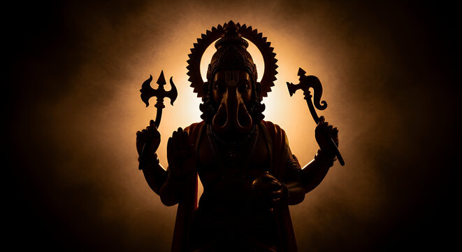 Narasimha Jayanti: Powerful Silhouette of Lord Vishnu's Avatar Emerging from Deep Shadows, Symbolizing Divine Strength and Protection.