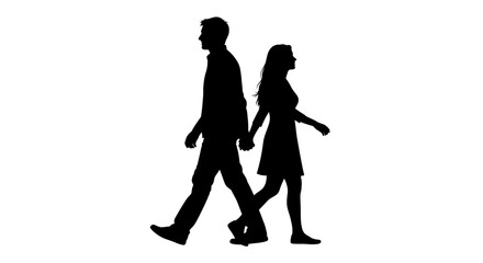 Silhouetted couple walking hand in hand in love