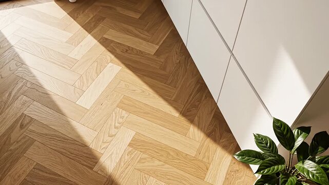 Sunlight on herringbone wooden floor next to white cabinet