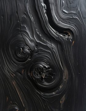 Charred wood grain abstract texture with prominent knots and undulating lines.