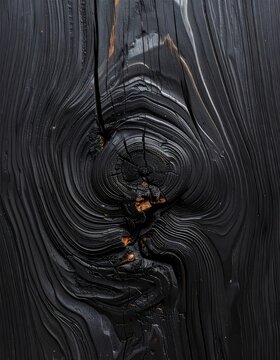 Dramatic Close-up of Charred Wood Grain and Knot Texture