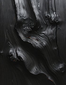 A close-up abstract view of intensely dark, textured, and wavy burnt wood grain.
