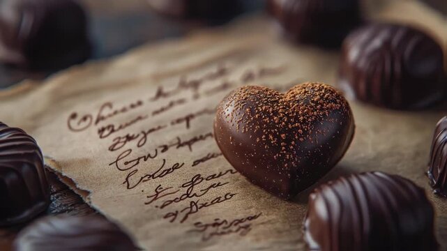 Heart-shaped chocolate surrounded by assorted chocolates on a handwritten note, evoking romance