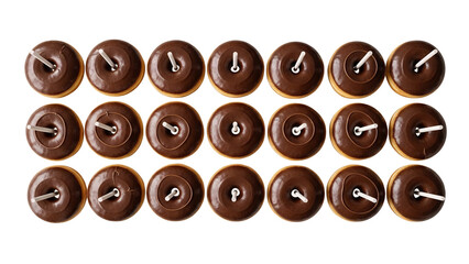 Assorted donuts with chocolate frosting and sprinkles arranged in rows on a transparent background
