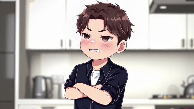Shy young man with blushing cheeks stands arms crossed in a modern kitchen expressing embarrassment and awkwardness perfect for anime-inspired designs
