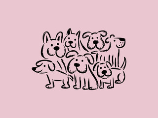 Fototapeta premium A playful grouping of sketched dogs in black lines against a soft pink background