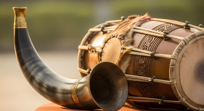 Vibrant Rongali Bihu Celebration: Close-up of Traditional Assamese Pepa Horn and Dhol Drum, Embodying Cultural Heritage