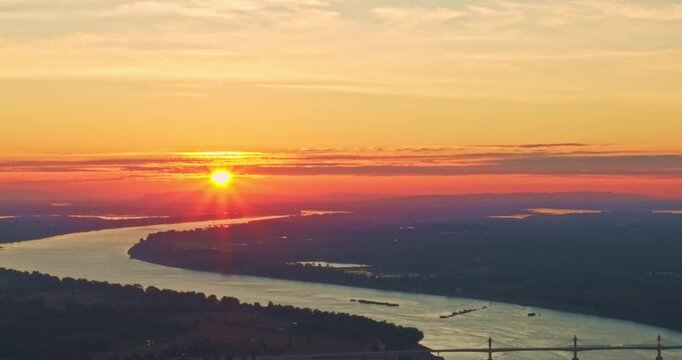 Aerial view of beautiful sunrise over the 5th Thai Lao Friendship Bridge Part of economic cooperation framework, the 5th Friendship Bridge strengthens regional integration while promoting tourism.