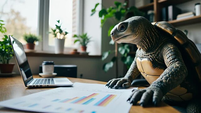 Business Turtle Working on Project with Laptop and Charts at Desk