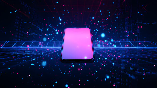 Futuristic Smartphone with Neon Digital Data Background