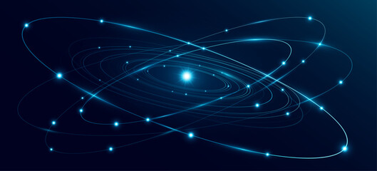 Atomic structure background for scientific research presentation or cover. Futuristic glowing atom featuring blue elliptical rings circling a radiant central core on black backdrop. Vector.