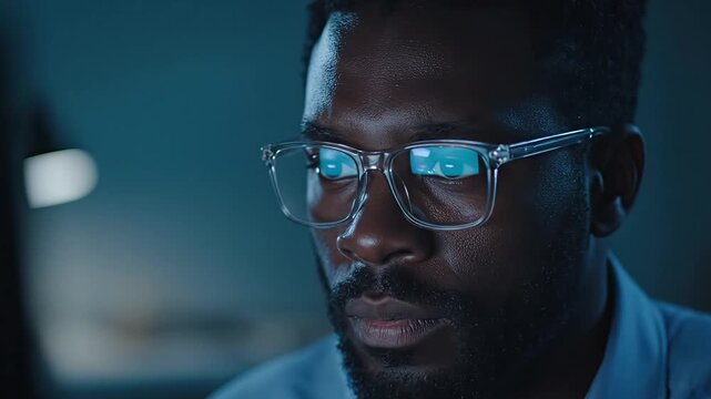 Close up of a focused Black programmer wearing glasses working on a computer screen in a dark modern office space