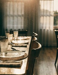 Dining Table Setting with Sunlit Dust Particles plates