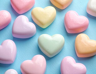 Obraz premium An Assortment of Pastel Heart-Shaped Candies Scattered on Blue Background