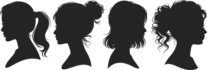 Silhouette profiles of women with diverse hairstyles ponytail bun bob and curly hair vector illustration isolated on white background beauty and fashion concept © MstFerdousi