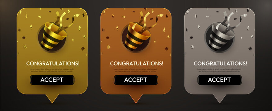 Festive Congratulations banners with party poppers and confetti, ideal for celebrating success or achievements. Vector illustration.