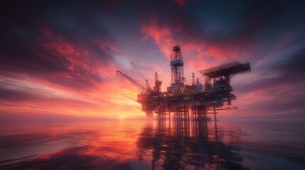 Fototapeta premium Offshore Oil Rig at Dramatic Sunset Over Ocean