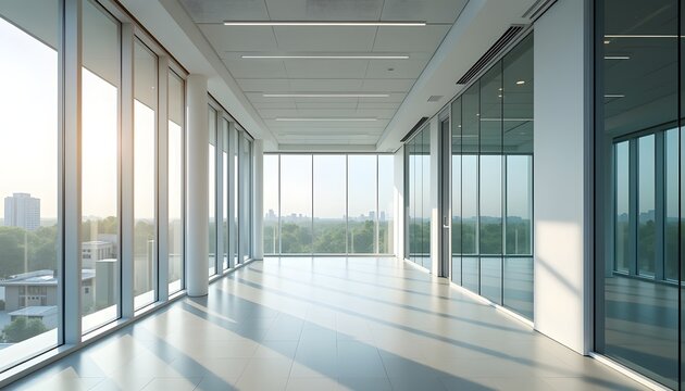 Bright empty office hallway with floor-to-ceiling windows offering extensive city and nature views