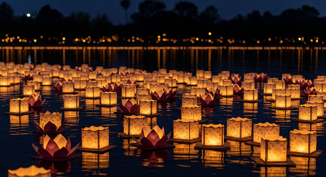 Serene night scene of Vesak festival with numerous floating paper lanterns released on the water, reflecting golden light.
