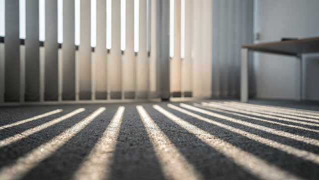 sunlight rays through vertical blinds on gray office carpet floor