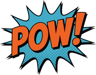 A classic comic book POW sound effect depicted with sharp orange lettering against a blue dotted splash