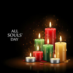 Colorful candles for All Souls' Day on dark background with bokeh effect