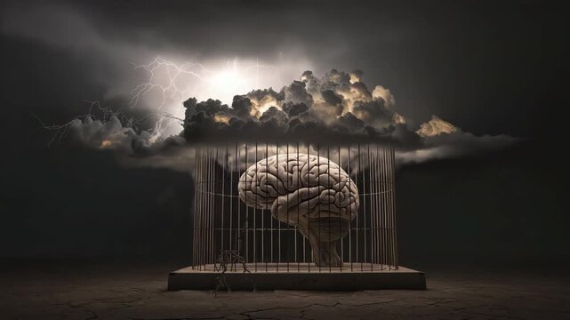 Surreal brain in cage under stormy sky, symbolizes mental imprisonment, psychological pressure, and the complexity of the human mind under stress.