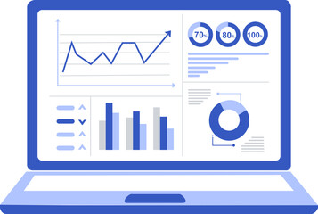 Business analytics dashboard full report flat vector illustration, financial data analysis with charts graphs and KPI metrics on screen isolated on white background, corporate performance monitoring d © JAEHWA JIN