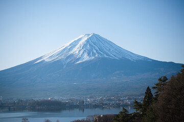Snow Covered Mount Fuji over Lake Kawaguchi, Japan