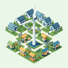 Fototapeta premium Wind Turbine in Residential Neighborhood Illustration.
