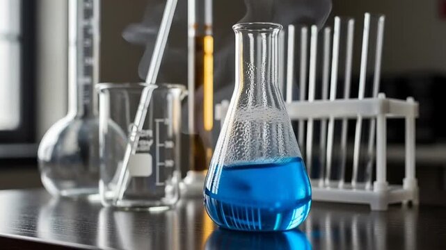 Laboratory equipment with blue liquid in a flask on a table near test tubes and beakers
