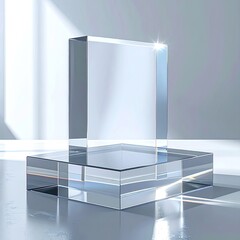 Fototapeta premium Minimalist pedestal display featuring a clear glass or acrylic block bathed in bright ambient light.