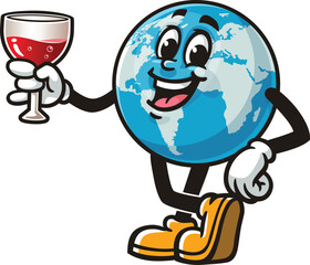Fototapeta premium Earth mascot cartoon holding a glass of wine