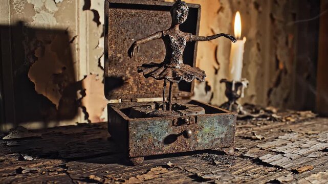 Rusty ballerina music box figurine dancing on a grimy wooden floor in an old, worn-out room with sunlight casting shadows