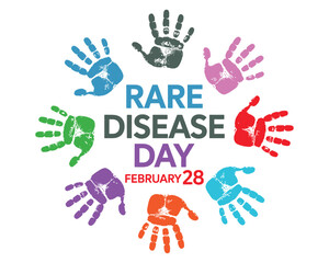 Obraz premium Rare Disease Day February 28 Awareness Banner with Colorful Handprints Representing Global Support and Diversity in Healthcare Communities