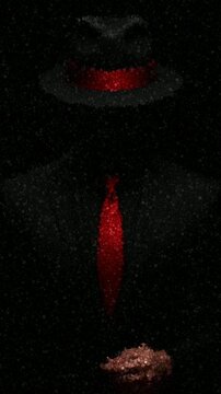 Mysterious faceless man in black suit and red silk tie wearing a fedora hat against dark background for conceptual undercover agent and fashion aesthetic, made of cubes
