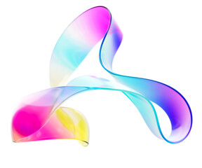 Abstract 3d rendering of a twisted floating glass ribbon. Sleek rainbow gradient continuous loop dynamic design element isolated on white