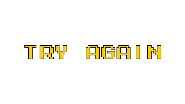 Try Again text animation with pixel loop design. Pixel Text Animation Retro Video Game On White Background. 4k video animation