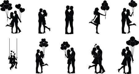 Obraz premium Romantic silhouette illustration of couples in affectionate poses with hearts and balloons, symbolizing love, intimacy, Valentine’s Day, and relationships.