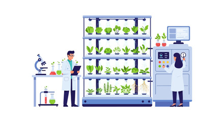 Fototapeta premium Vertical Farming Research: Scientists Monitoring Hydroponics and Controlled Environment Agriculture (CEA) System